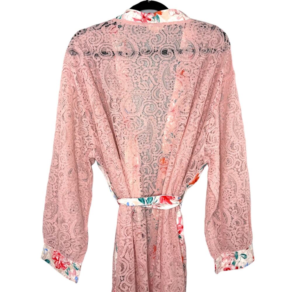 New POL‎ Pink Lace Duster Robe L Floral Trim Boho Coquette Cottagecore Kimono - Picture 7 of 9
